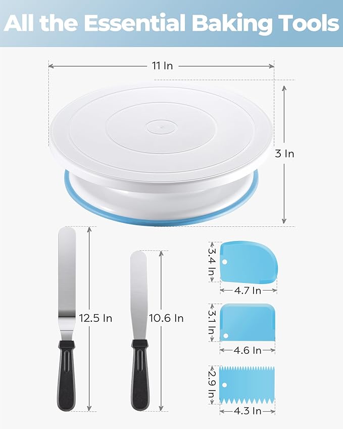 Kootek Cake Decorating Kit Baking Supplies Set Cake Turntable with 2 Frosting Straight Angled Spatula 3 Icing Smoother Scrapers Baking Accessories Tools for Beginners and Pros, Mother's Day, Blue - Image 7