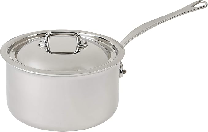 Mauviel M'Cook 5-Ply Polished Stainless Steel Sauce Pan With Lid, Cast Stainless Steel Handle, 2.6-qt, Made In France