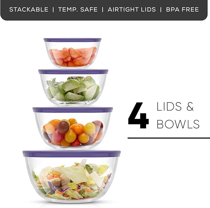 JoyJolt Very Peri 8pc Glass Mixing Bowls with Lids Set - Large Nesting Bowls, 2 Qt, Durable, Dishwasher & Microwave Safe - Image 9