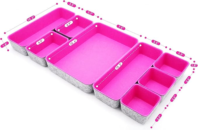 Welaxy Desk Drawer Organizer Tray Set, 8-Piece Office Drawer Organizers for Pens, Makeup, Keys, Crafts, Entryway Catchall, Decluttering Storage (Hot Pink) - Image 7