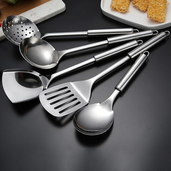 5 PCS Cooking Utensils Set Stainless Steel Kitchen Utensils Gadgets Resistant Cooking Tools Includes Slotted Spoon, Slotted Spatula, Large Spoon, Soup, Spatula(Sliver) - Image 9