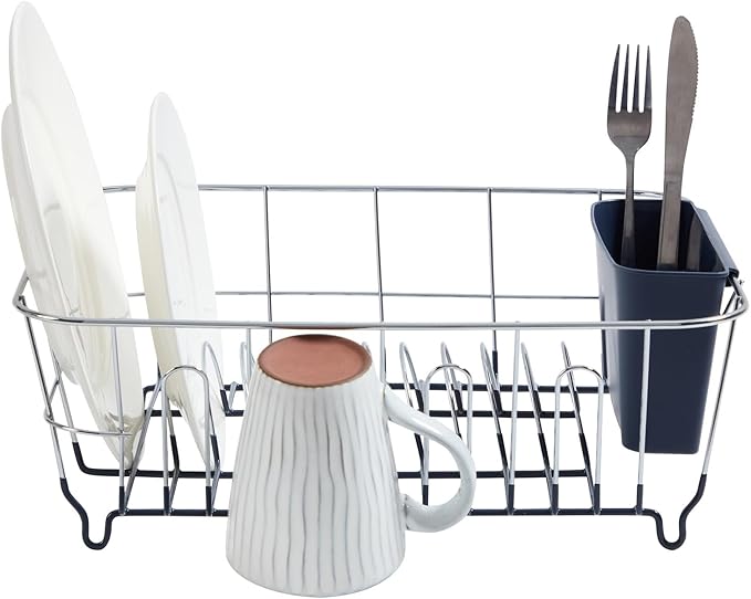 Dish Drying Rack & Cutlery Holder 2 Piece Set ✅ Compact Sink-Fitting Dish Drainer with Rubberized Undercoating ✅ Space-Saving Kitchen Organizer for Plates, Cups, Bowls & Utensils In Sink, Navy - Image 3