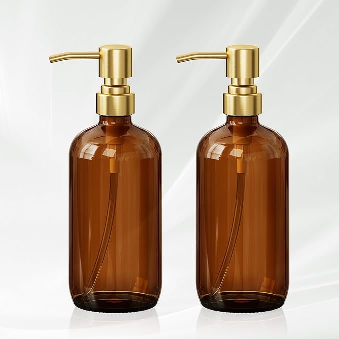 AmazerBath Amber Glass Soap Dispenser, 2 Pack Vintage Brown Bottle with Stainless Steel Pump,17 Oz Hand Dish Soap Dispenser Bottle, Modern Soap Dispensers for Bathroom Kitchen - Image 9
