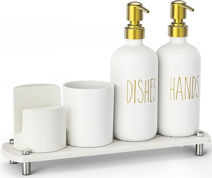 Cisily Kitchen Soap Dispenser Set Comes with Ceramics Sponge Holder, Gold Pumps, and Instant Dry Tray, Hand and Dish Soap Dispenser Set (5, Gold + White + Brush Holder + Sponge Holder) - Image 8