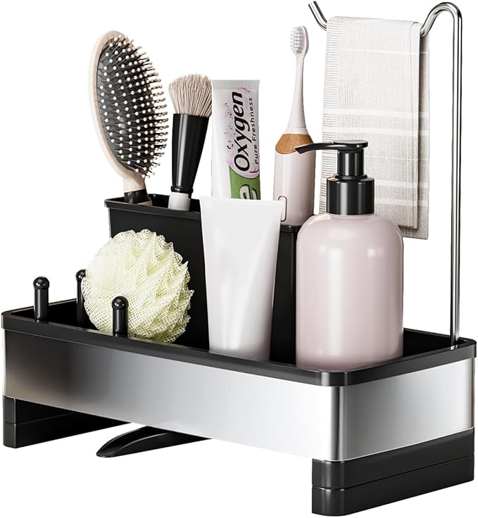 Ewaiira Stainless Steel Sink Caddy, Sponge Holder for Kitchen Sink with Brush Holder & Dishcloth Rack, Rustproof Sink Organizer Countertop, Kitchen Organizers Storage Essentials (D-Black 9.8″) - Image 8