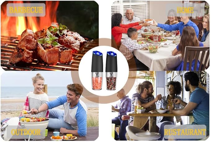 Gravity Electric Grinder set of 2,Automatic Pepper and Salt Mill Grinder with Blue LED LIGHT,Electric Pepper Mill with Adjustable Coarseness,Refillable,salt and pepper shaker,pepper grinder