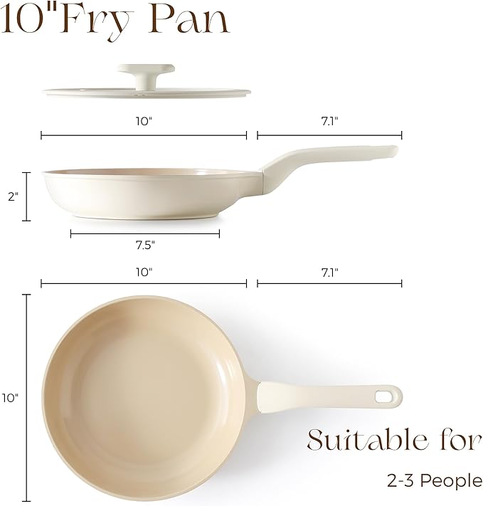 PRICUSIS Nonstick Ceramic Frying Pan with Lid, 8/10 Inch Skillet with Stay Cool Handle, Fully Coated, 100% Dishwasher Safe, PTFE PFAS & PFOA Free (10 Inch, Coconut White - Image 9
