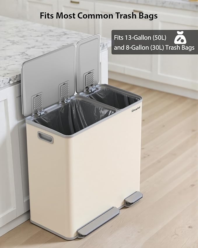 Lovewind Dual Trash Can, 14 + 6 Gallon Garbage Can for Kitchen Dual Compartment Recycling Kitchen Step Trash Bin, Stainless Steel Trash and Recycle Bin Combo with Soft-Close Lid, Apricot - Image 7