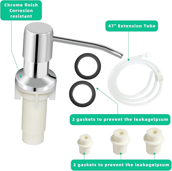 Soap Dispenser for Kitchen Sink, Built in Sink Soap Dispenser, Countertop Soap Dispenser Pump with 47" Extension Tube kit, No Need to Fill Little Bottle Again, Chrome - Image 8