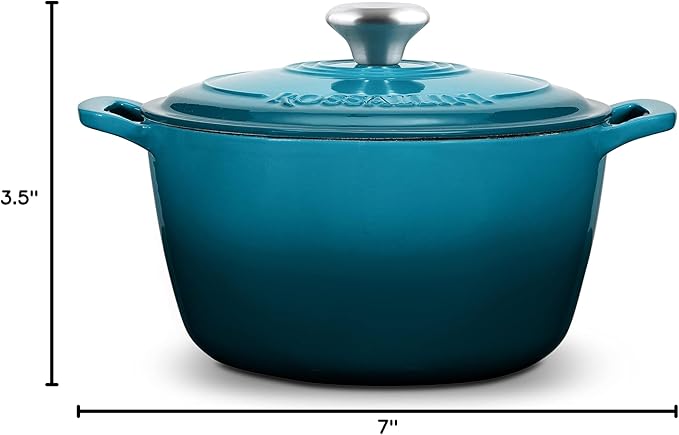 ROSSALLINI Signature Enameled Cast Iron Dutch Oven, Non-Stick Serving Pot with Tight Fitting Lid for Perfect Roasting, Baking, Sauteing, and Bread Making | 2Q (1.9L) - Ocean Blue