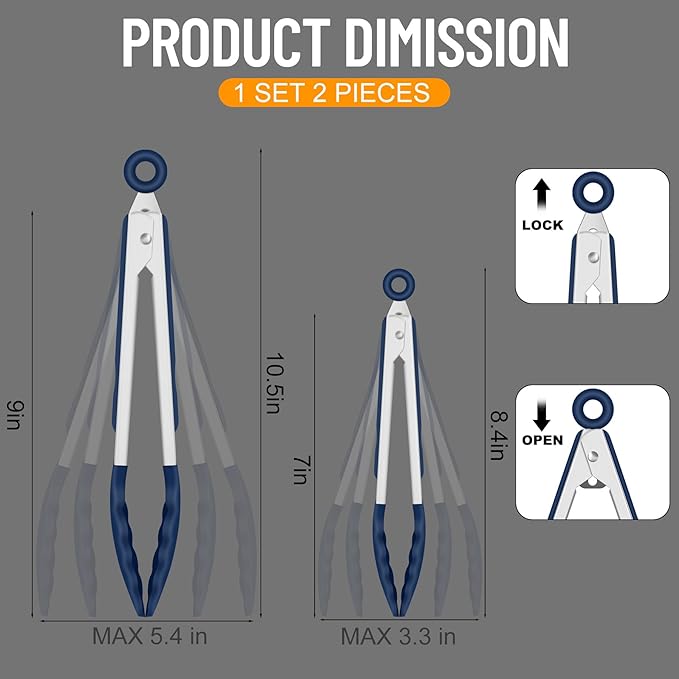 HOTEC Premium 7 & 9 Inch Kitchen Tongs, Stainless Steel Locking Cooking Tongs with Silicone Tips, Non-Scratch & Heat Resistant, Serving Tongs for Salad, BBQ, Classic Blue, Set of 2 - Image 8