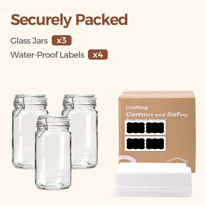 ComSaf 1 Quart Glass Jars with Airtight Lids (32oz, Set of 3), Straight-Sided Canisters for Sourdough Starter & Fermenting, 1L Hermetic Pantry Storage for Flour, Sugar, and Coffee - Image 8