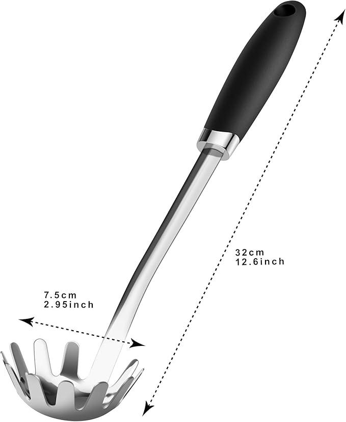Stainless Steel Spaghetti Spoon, 12.6 Inch Pasta Server with Toothed Head and Comfortable Grip, Metal Pasta Fork for Serving Spaghetti, Linguine, Noodles, Ravioli and More
