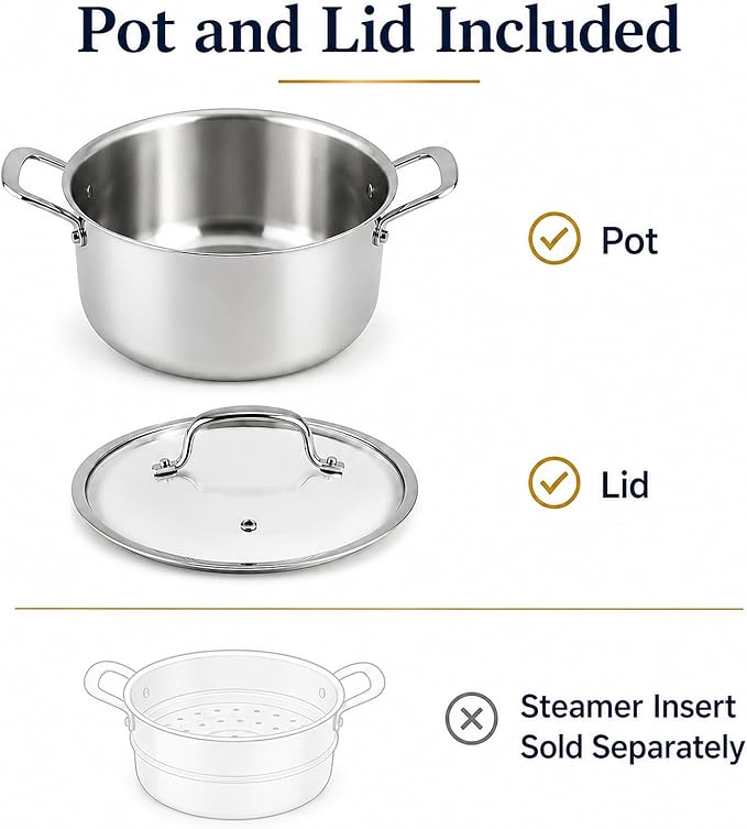 WANGYUANJI 7.3 QT Stainless Steel Stock Pot with Glass Lid, 11 Inch 18/10 Soup Pot with Tri-Ply Bonded Base, Induction & Oven Safe Large Cooking Pot for Pasta, Stew & Seafood Boil