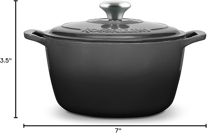 ROSSALLINI Signature Enameled Cast Iron Dutch Oven, Non-Stick Serving Pot with Tight Fitting Lid for Perfect Roasting, Baking, Sauteing, and Bread Making | 2Q (1.9L) - Oyster Grey