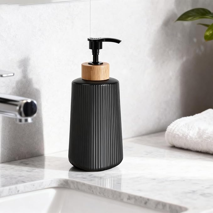 Glass Soap Dispenser, Thickened Glass Hand Soap Dispenser for Bathroom, Kitchen Dish Washing Liquid Bottles, Shampoo and Conditioner Bottles, Modern Farmhouse Style (Black, Set of 2, 12oz)