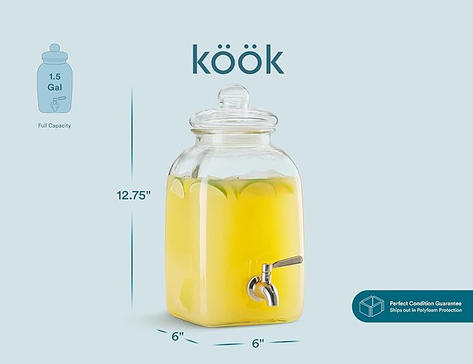 Kook Glass Drink Dispenser, with Leak-Proof Stainless Steel Spigot and Customizable Label Tag, Clear Mason Jar, Beverage Storage for Fridge, for Water, Iced Tea, Sangria, Lemonade, 1.25 Gallon