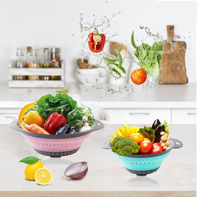 Collapsible Colander Set, Square Round Triangles Silicone Kitchen Strainer Perfect for Draining Pasta Vegetable fruit 2 PCS (Green & Red, 12"L x 9.5"W x 2.3"H) - Image 6