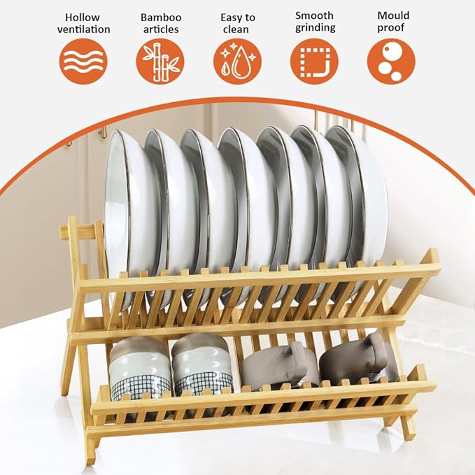 KKTONER Bamboo Dish Drying Rack 2 Tier Foldable Plate Organizer Collapsible Plate Organizer Holder for Kitchen Countertop (Natural) - Image 7