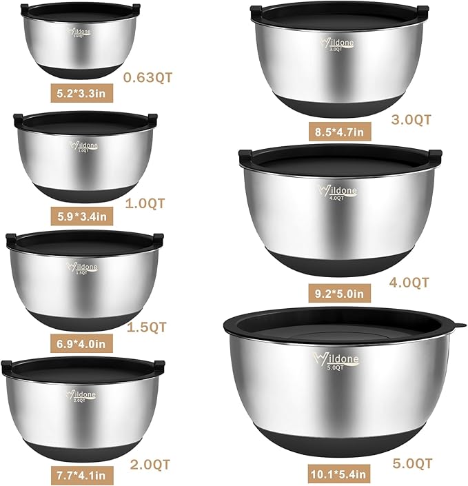 Wildone Mixing Bowls with Airtight Lids, 27 PCS Stainless Steel Nesting Bowls, with 3 Grater Attachments, Scale Mark & Non-Slip Bottom, Size 5, 4, 3, 2, 1.5, 1, 0.63QT, Ideal for Mixing & Prepping - Image 7