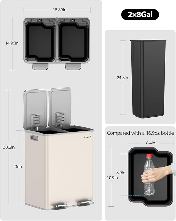 Lovewind Kitchen Trash Can, 2 x 8 Gallon (2 x 30 L) Stainless Steel Trash and Recycle Bin Combo with Soft-Close Lid, Dual Compartment Recycling Kitchen Step Trash Bin, Apricot - Image 8