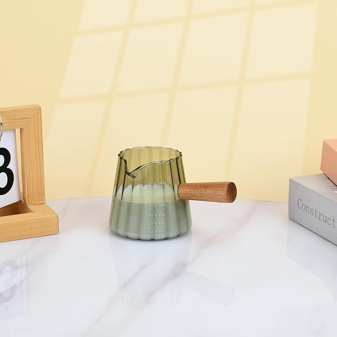 Glass Measuring Cup, 6oz Creamer Pitcher with Wood Handle, Creative Milk Frothing Pitcher Creamer Shot Glass (Gray)