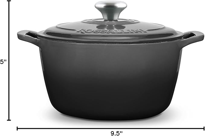 ROSSALLINI Signature Enameled Cast Iron Dutch Oven, Non-Stick Serving Pot with Tight Fitting Lid for Perfect Roasting, Baking, Sauteing, and Bread Making | 5.5Q (5.2L) - Oyster Grey