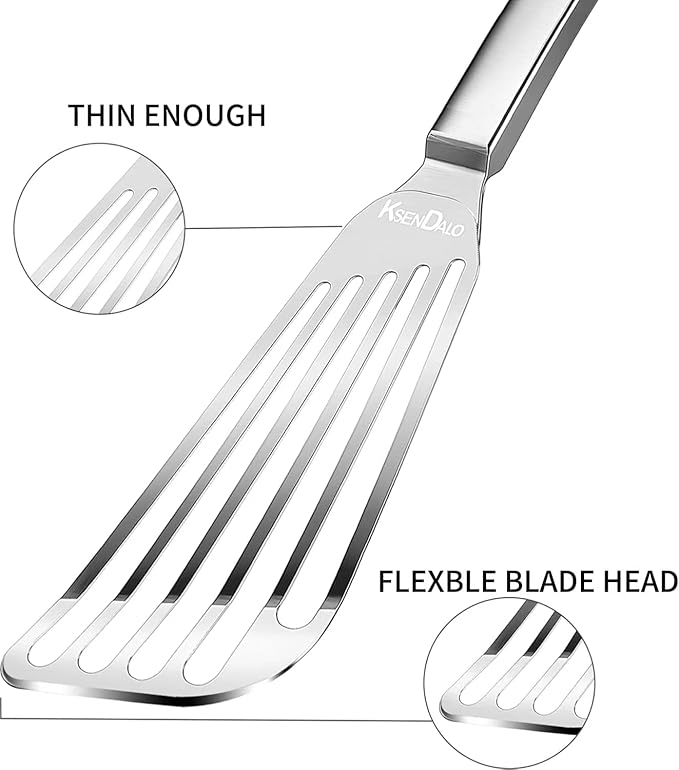KSENDALO Thin Fish Spatula Stainless Steel -Flexible Slotted Egg Flipper with Angled Blade & Comfortable Hollow Grip, Metal Turner for Fish Egg Omelettes Pancakes, All Cookware, Dishwasher Safe