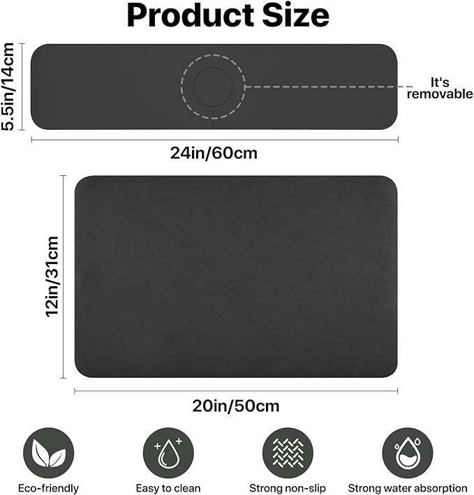 Bloss Black Dish Drying Mat + Faucet Mat for Kitchen Sink, Kitchen Sink Mats with Non-Slip Rubber Backed, Sink Matt for Kitchen Sink - 2PCS - Image 7