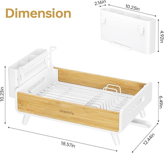 Urackify Dish Drying Rack for Kitchen Counter - Stainless Steel & Bamboo Dish Rack with Large Removable Utensil Holder, Dish Drainer with Adjustable Automatic Spout, White - Image 8