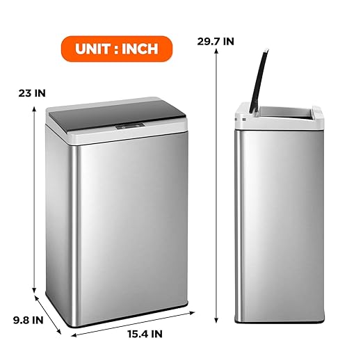 BestOffice 13 Gallon(50L) Trash Can Stainless Steel Kitchen Garbage Can with Automatic Sensing Cover Anti-Fingerprint for Home Office Bathroom Bedroom Kitchen Trash Can with Lid Waste Bin - Image 7