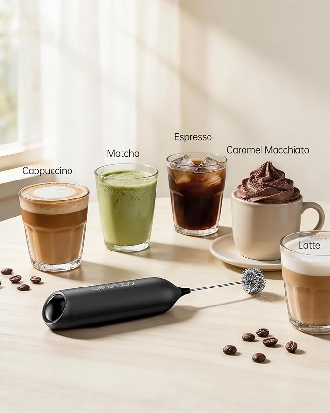 CIRCLE JOY Electric Rechargeable Milk Frother Handheld with Stand, Electric Whisk Milk Frother Wand with Dual Spring Whisk, Portable Drink Mixer for Coffee Cappuccino Latte Matcha, Black
