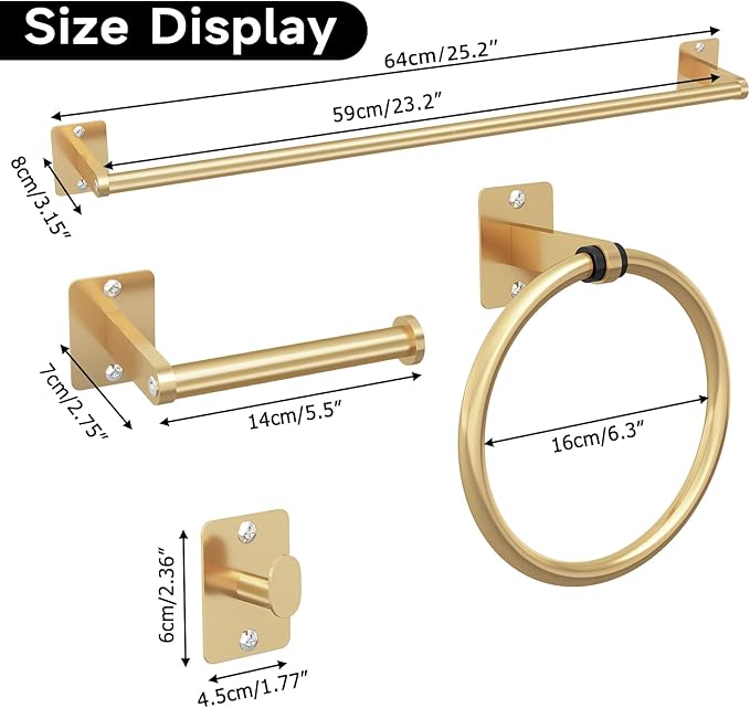 Bathroom Accessories Set, KLJKPA 4 Pieces Gold Bathroom Hardware Set, 24 inch Towel Bar, Towel Racks for Bathroom, Robe Towel Hooks, Toilet Paper Holder Wall Mounted - Image 7