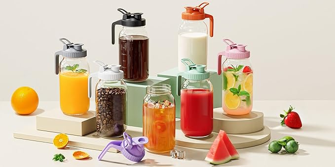 2 Pack Glass Mason Jar Pitcher with Lid, 64 oz (2 Quart) Leakproof Water Pitcher with Handle for Sun Tea, Cold Brew, Milk & Juice, White & Orange - Image 7