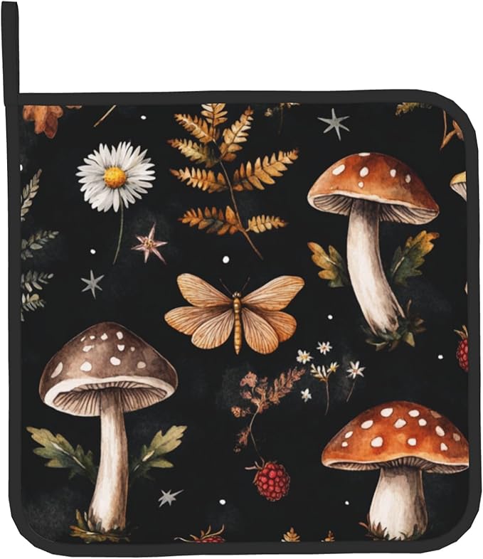 Mushroom Oven Mitts Set – Vintage Pot Holders Kitchen Gloves for Women Farmhouse Kitchen Mitts Floral Herb Potholders Set of 2 Durable for Cooking Baking - Image 9