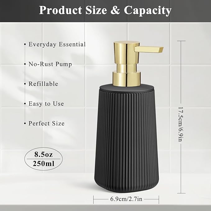 Black and Gold 2 Pack Hand Soap Dispensers Set with No Rust Pump for Bathroom and Kitchen Countertops Refillable Matte Striped Plastic 8.5 oz