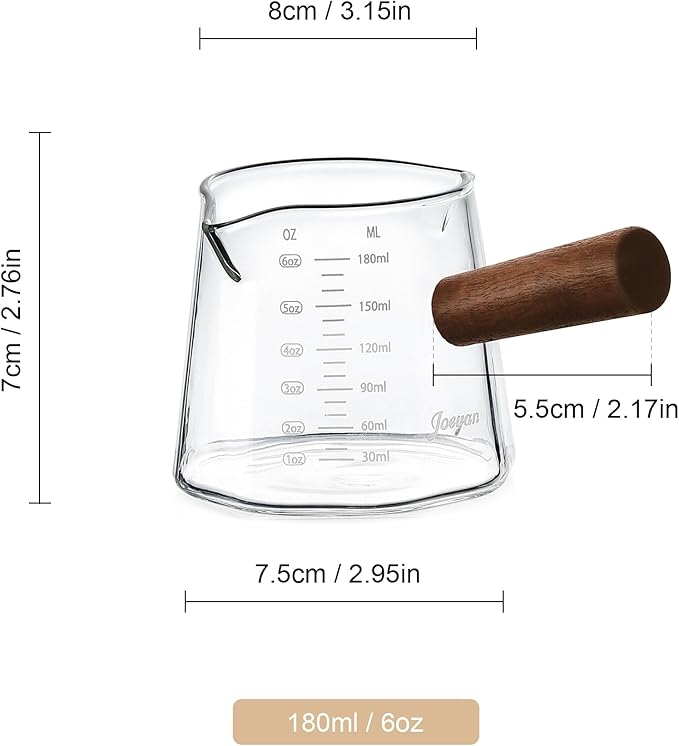 Joeyan 6 oz Glass Measuring Cup with Double Spouts,Borosilicate Espresso Shot Glasses with Wooden Handle,Claer Measuring Triple Milk Frothing Pitcher for Coffee Tea - Image 7