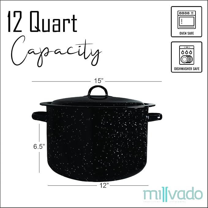 Millvado Granite 12 Qt Stockpot, Nonstick Soup Pot With Lid, Speckled Enamel Ware Cookware, Large Stock Pot For Boiling and Cooking, Big Granite Cooking Pot for Stovetop, Campfire, Outdoor Stove