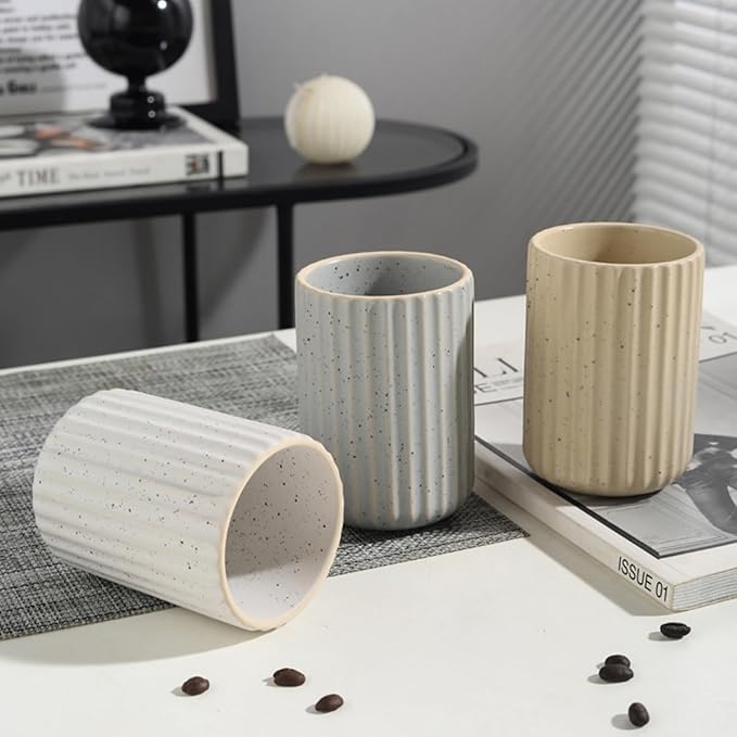 TOPYOKK Stoneware Coffee Bar Utensil Holder Tea & Coffee Spoon & Stirrer Holder for Stir Stick Straw Teaspoon Holder Spoon Cup Small Utensil Jar Fluted Vertical Stripe (Speckled Beige) - Image 7