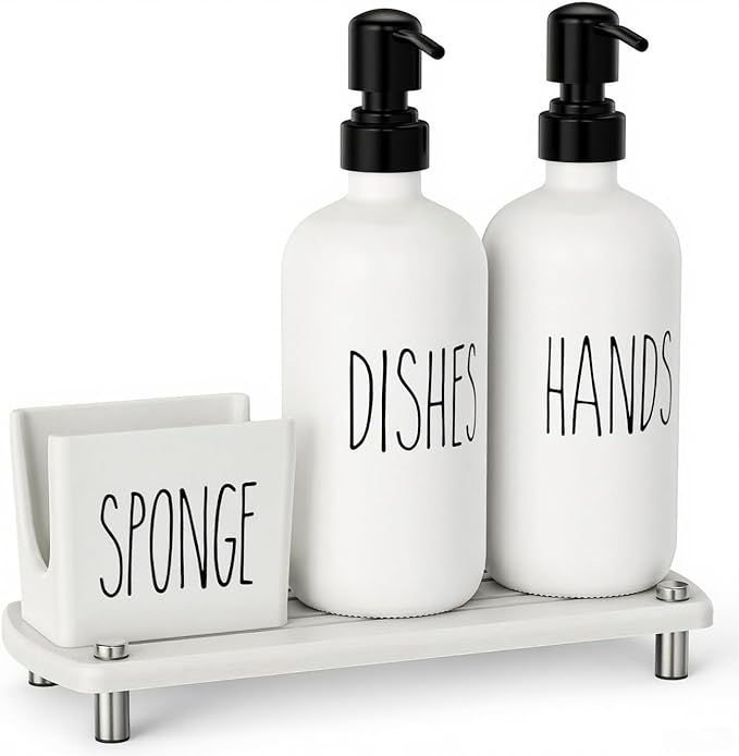 Cisily Kitchen Soap Dispenser Set Comes with Ceramics Sponge Holder, Gold Pumps, and Instant Dry Tray, Hand and Dish Soap Dispenser Set (4, Black + White + Sponge Holder) - Image 8