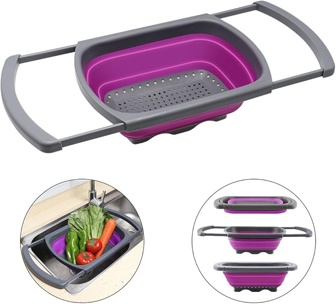 Qimh Collapsible Colander, Kitchen Colander Set Over Sink Strainer Veggies/Fruit Colanders Strainers with Extendable Handles, Dishwasher Safe Folding Strainer for Kitchen, 6-Quart, BPA Free - Image 9