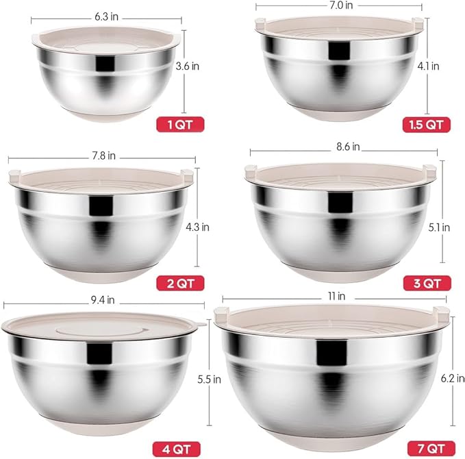 Rottay Mixing Bowls Set with Airtight Lids: 20PCS Stainless Steel Nesting Bowls - Size 7, 4, 3, 2, 1.5, 1QT Bowls with 3 Grater Attachments & Non-Slip Bottoms for Baking & Prepping - Image 6