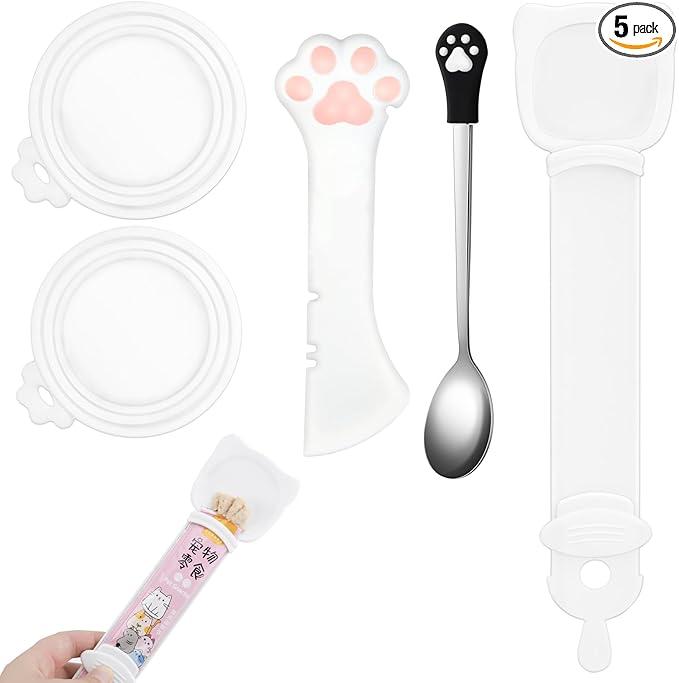 5 PCS Cat Food Can Covers Lids Set, Silicone Pet Food Can Lids with Multi-Function Cat Food Spoon and Opener, Cat Bar Squeezer, Stainless Steel Wet Food Spoon for Cats and Dogs (Pink) (White)