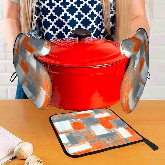 LOKMU Oven Mitts and Pot Holders Set of 3, Orange and Grey White Abstract Art Heat Resistant Kitchen Gloves Hot Pads for Cooking Baking BBQ, Kitchen Decor Gifts for Cooking Lover Cooks