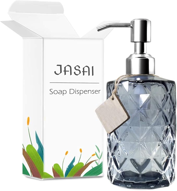 JASAI Diamond Design Glass Soap Dispenser with 304 Rust Proof Stainless Steel Soap Pump, 12 Ounce Kitchen Soap Dispenser for Bathroom, Hand Soap, Dish Soap (Grey) - Image 8