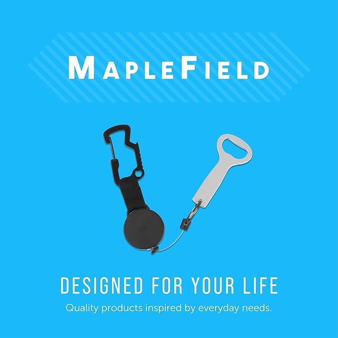 Maplefield Retractable Bottle Opener - Pack of 2, Silver & Black - Carabiner Clip & Bottle Opener Attachment for Cooler - Stainless Steel Construction - Retractable Wire Cord for Quick Access