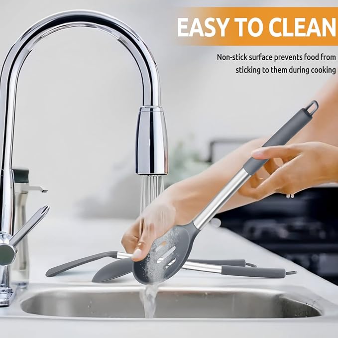 Cooking Utensils Set of 4, E-far Silicone Kitchen Utensils for Non-stick Cookware, Heat Resistant & Non-toxic Slotted Spatula Solid Spoon Turner for Flipping Mixing Serving Basting(Grey) - Image 7