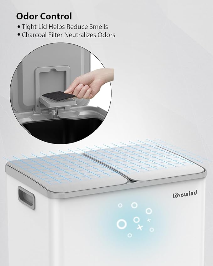 Lovewind Kitchen Trash Can, 2 x 8 Gallon (2 x 30 L) Stainless Steel Trash and Recycle Bin Combo with Soft-Close Lid, Dual Compartment Recycling Kitchen Step Trash Bin, White - Image 8