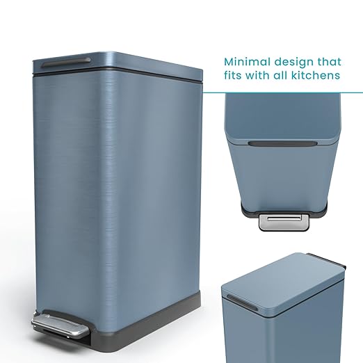 Home Zone Living 12 Gallon Slim Kitchen Trash Can with Soft Close Lid, Step Pedal, Bag Tuck Band, and Removable Liner, Stainless Steel, Steel Blue - Image 7