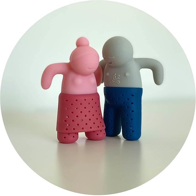 Cute Tea Infuser Set for Loose-Leaf Tea - Funny Silicone Tea Strainer Couple in Pink and Blue/Grey, Small Gift for Tea Lovers and Couples, Tea Steeper Set of 2
